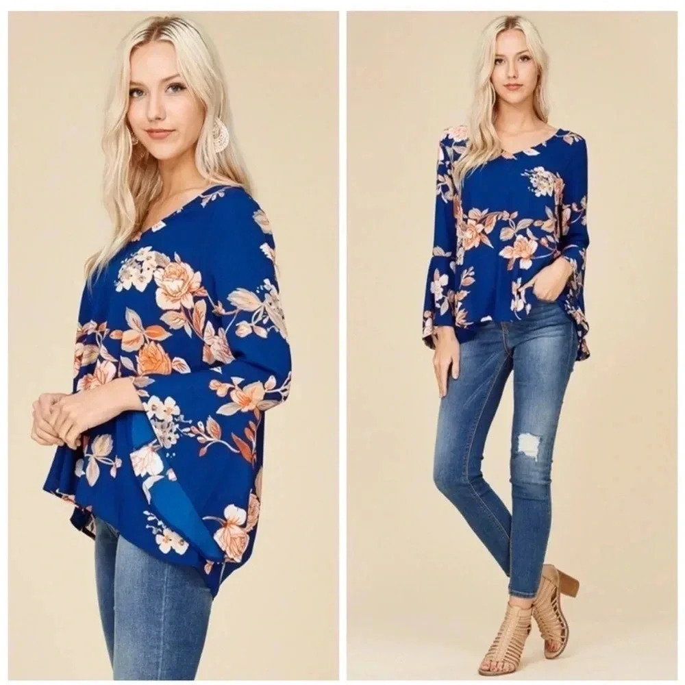 Navy Floral Bell Sleeve Top - Picture 2 of 11